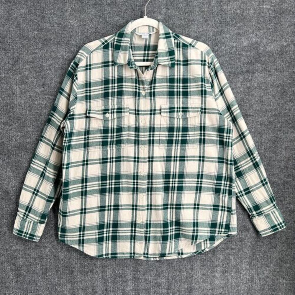 Old Navy Womens Boyfriend Shirt Size M Green Off-White Plaid Flannel Button Up